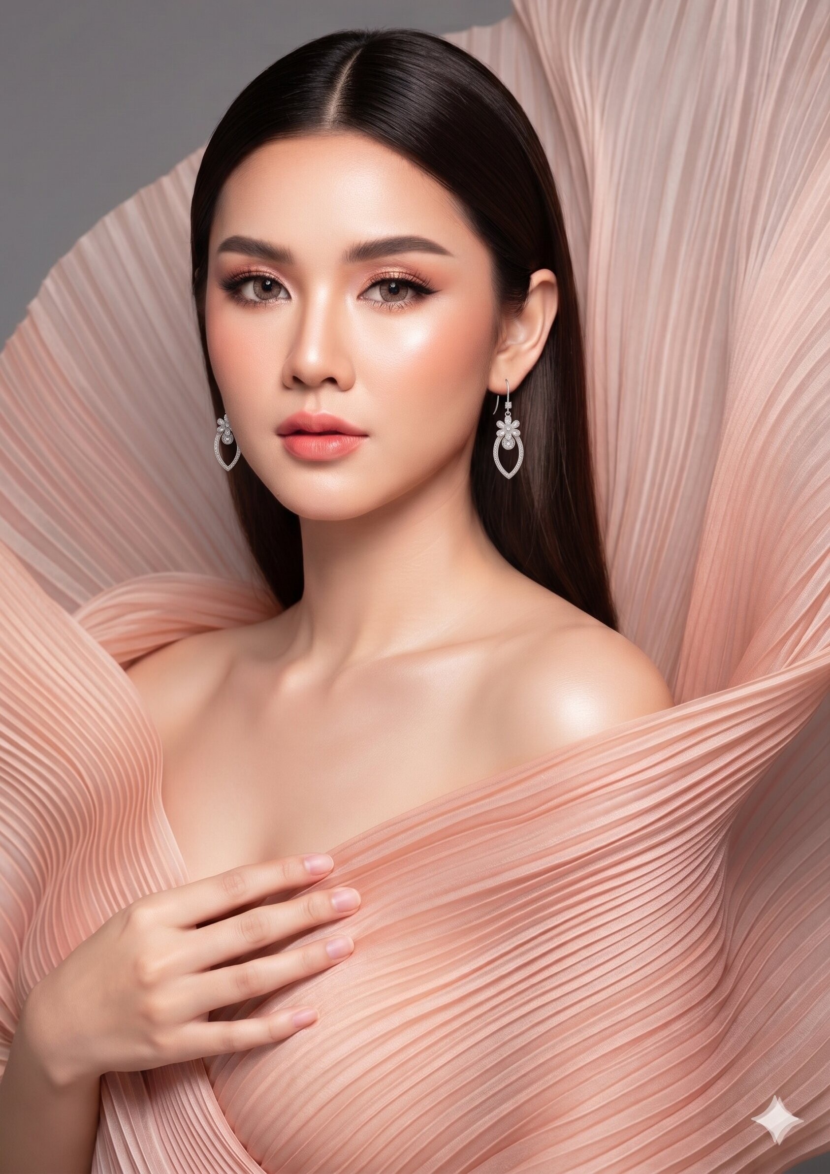 A woman wearing elegant gold earrings, warm editorial portrait
